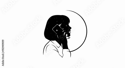 Stylized black silhouette of a woman in profile, talking on a mobile phone, with a circular outline