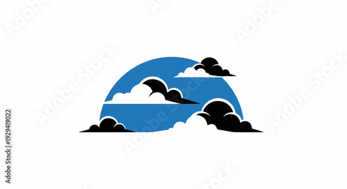 Stylized graphic of a blue arc with black and white clouds