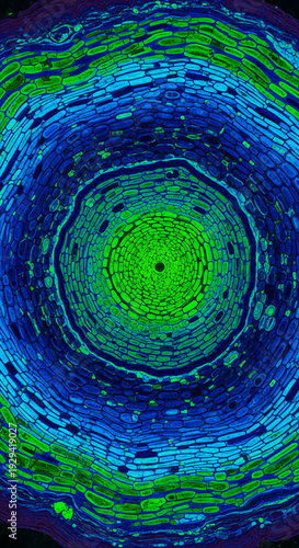 Microscopic image of concentric layers in blue and green, creating a circular texture. Represents cellular structure, growth, and natural patterns