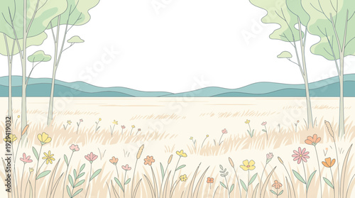 Serene coastal meadow scene with wildflowers, trees, and a calm sea beneath a pastel sky.
