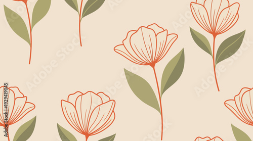 Seamless floral pattern with a peach background featuring stylized orange-pink tulips and green leaves