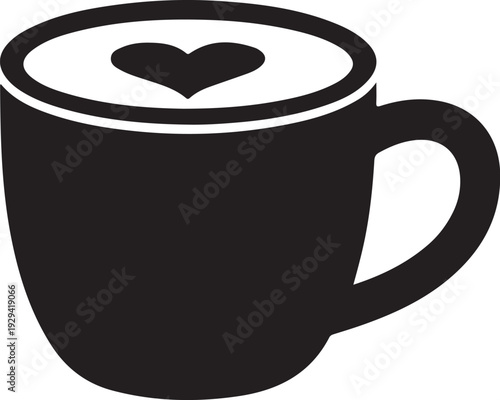 Black coffee mug with heart on froth heart froth white