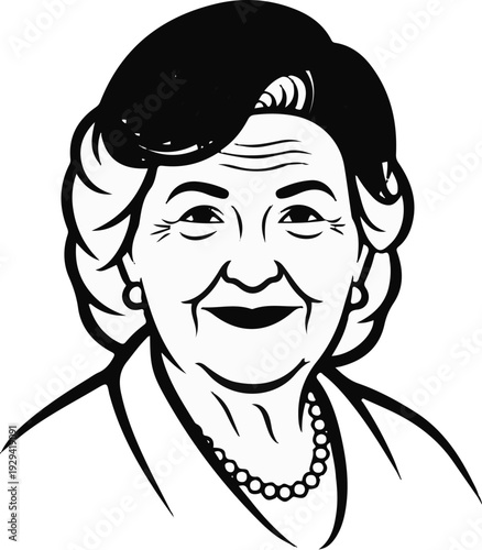 Stylized line drawing portrait of a smiling elderly woman wearing jewelry