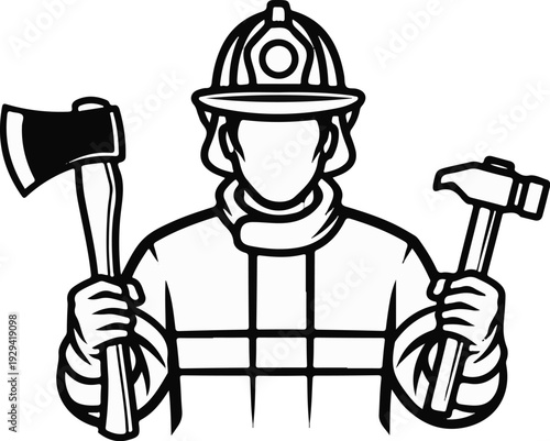 Stylized graphic of a rescuer in protective gear holding tools