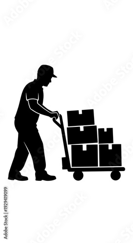 Silhouette of a worker pushing a hand truck loaded with stacked boxes, representing delivery or logistics.