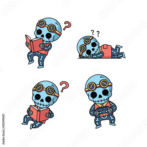 Cartoon skeleton reading book with confused expression in different poses