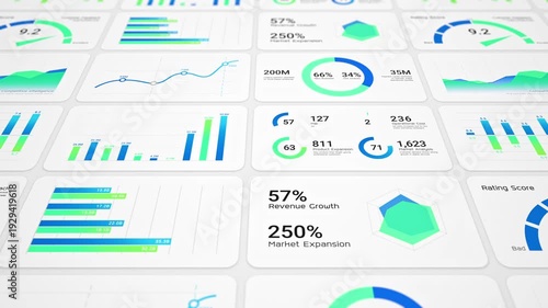 Business intelligence and financial performance analysis report on white background, animated infographic bar chart, investment data analytic graph dashboard, success corporate market statistics trend