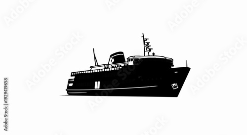 Black and white illustration of a ferry boat with multiple decks