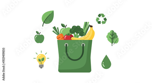 Eco-Friendly Shopping: Sustainable Lifestyle & Healthy Eating Concept with Fresh Produce and Green Icons