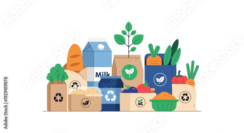 Sustainable Groceries and Eco-Friendly Shopping. Organic Food and Zero Waste Concept with Healthy Products in Reusable Packaging and Bags. Flat Illustration.