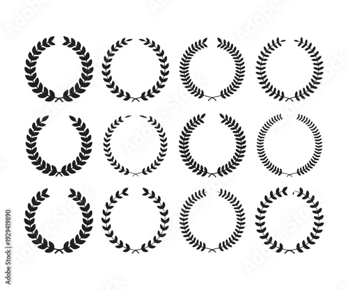 Wreath collection, laurel leaf frames set, circle borders design elements isolated on white