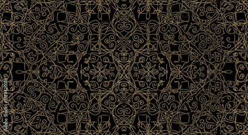 Intricate gold pattern on black background ornate design with swirling shapes and lines elegant texture for luxury packaging or wallpaper