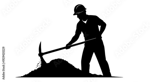 A silhouette of a worker wearing a hard hat, using a pickaxe to dig into a pile of earth or material, representing manual labor and construction.