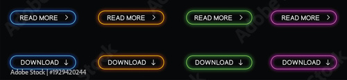 Colorful download and read more buttons set with glowing neon effects on dark background for web design