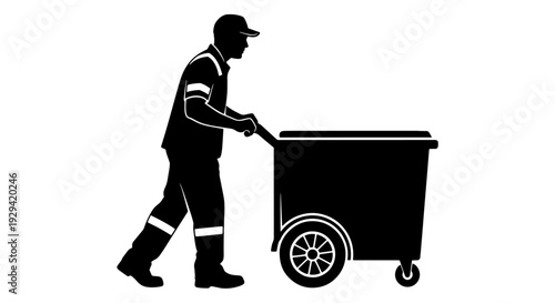 Silhouette of a sanitation worker pushing a large wheeled trash bin or utility cart.
