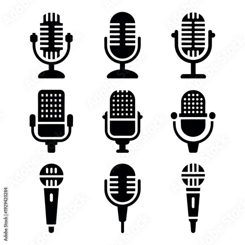 Microphone Icon Collection, Professional Black Vector Symbols for Podcasts, Audio Recording, and Music Apps