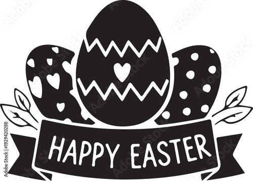 Happy easter greeting with decorated eggs and floral accents