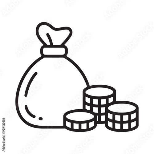 Simple line drawing of a money bag with coins representing wealth and finance