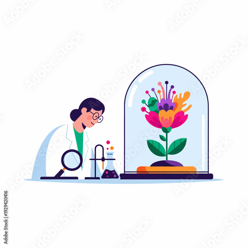 Female scientist conducting a botanical experiment, observing a vibrant flower under a glass dome with laboratory equipment.