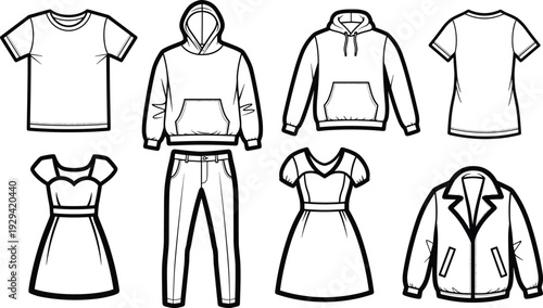Fashion illustration of casual and semi-formal clothing featuring t-shirts, hoodies, dresses, jeans, and jackets, showcasing apparel design and wardrobe style options