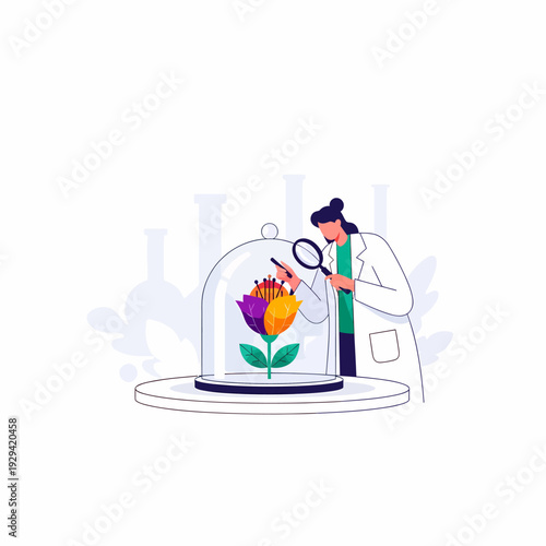 Scientist examining a genetically modified plant in a laboratory setting with a magnifying glass, focusing on botanical research and biotechnology.