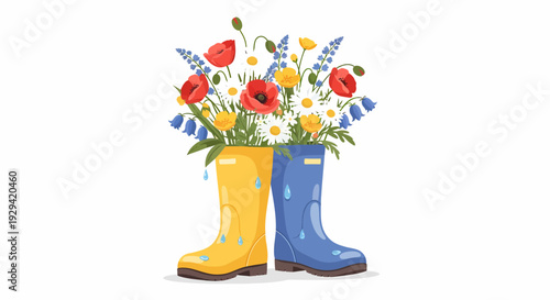 Yellow and blue rubber boots filled with a vibrant bouquet of red poppies, white daisies, bluebells, and yellow flowers, with raindrops.