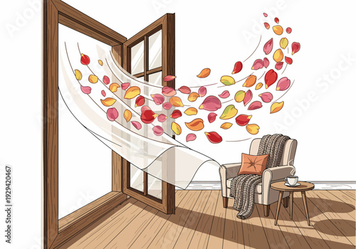 An open window with a white curtain blowing inward, as colorful autumn leaves are carried by the wind into a cozy room with an armchair and a side table.