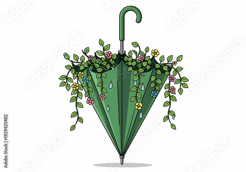 An inverted green umbrella filled with lush green plants and small colorful flowers, with raindrops falling, symbolizing nature's beauty and growth.