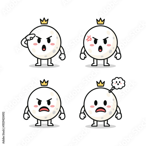 Cartoon king characters showing different emotions with crown on white background
