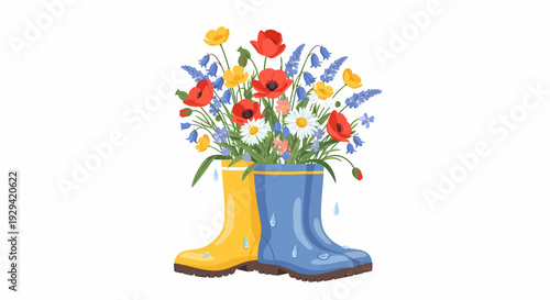 Colorful rain boots filled with a vibrant bouquet of spring wildflowers including poppies, daisies, and lavender, against a white background.