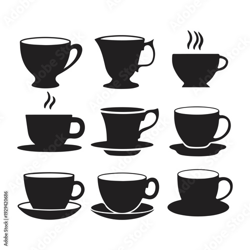 
Silhouettes of hot drink cups with saucers of various shapes. Vector collection of monochrome icons with tableware.