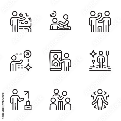 Line art icons depicting various human interactions and scenarios