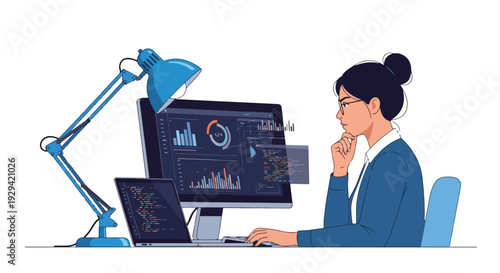 Focused young woman developer or data analyst working on computer with multiple screens displaying code, charts, and graphs. Modern programmer coding and analyzing complex data.
