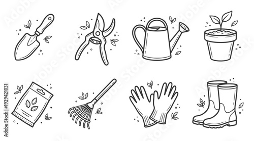 Hand Drawn Gardening Tools and Horticulture Doodle Icon Vector Set