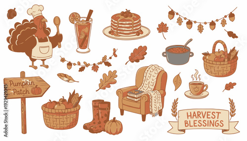 Hand Drawn Autumn Harvest and Thanksgiving Doodle Vector Icon Set