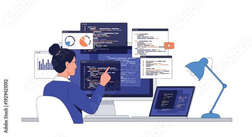 Female software developer coding and analyzing data on multiple computer screens, illustrating modern programming, web development, and tech workflow.