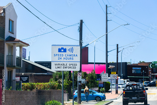 Speed camera 24 hours variable speed limit enforced sign in city