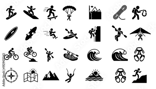Extreme Sports and Adventure Icons - Surfing, Skydiving, Kayaking