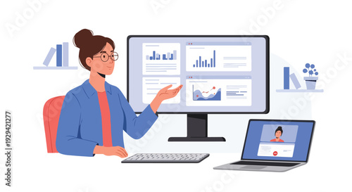 Female professional conducting a virtual meeting, presenting business analytics and financial data on a monitor, with a laptop showing a video call.