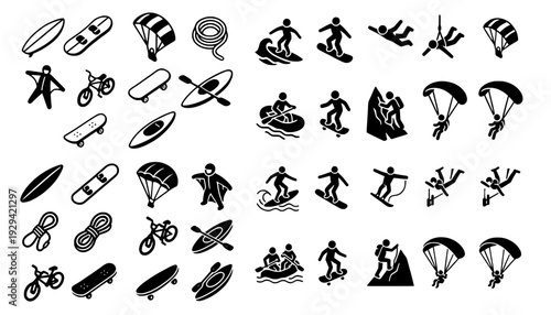 Extreme Sports and Adventure Icons - Surfing, Skydiving, Kayaking