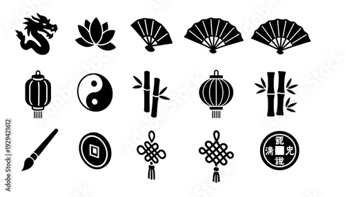 Asian Culture Icons: Dragon, Lotus, Yin Yang, Lantern, Bamboo
