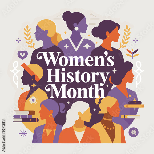 Women's History Month Celebration with Diverse Women Silhouettes and Books design