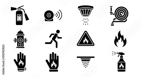 Fire Fighting Equipment & Safety Symbols, Icon Set