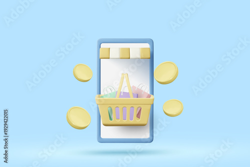 3D vector illustration of smartphone with store awning, yellow shopping basket full of bags and floating gold coins. Concept for online shopping ecommerce mobile app retail business template.