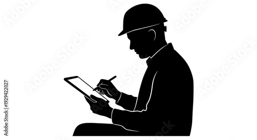Silhouette of a construction worker or engineer using a digital tablet with a stylus, wearing a hard hat, on a white background.