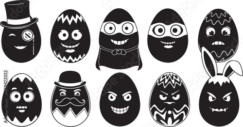 Collection of cartoon easter eggs with various facial expressions and accessories