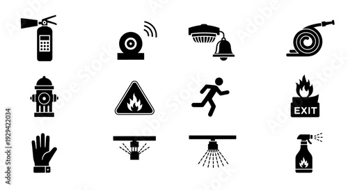 Fire Fighting Equipment & Safety Symbols, Icon Set