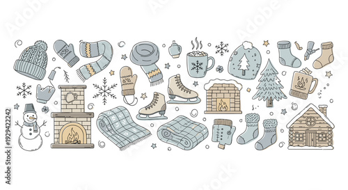 Winter Season Sketch Elements Seamless Vertical Border Pattern Design Illustration