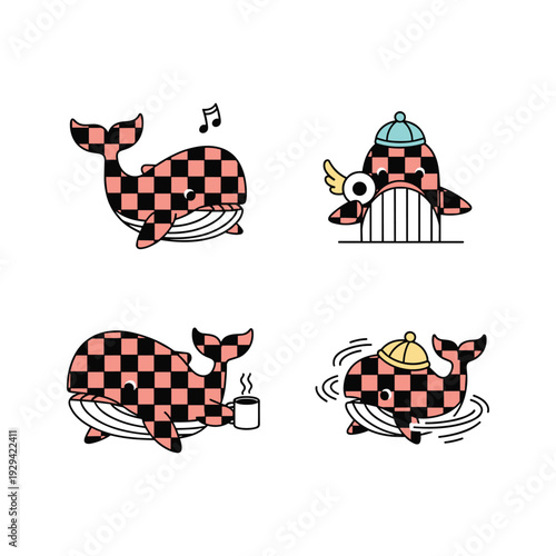 Whale Characters in Various Activities with Checkered Pattern