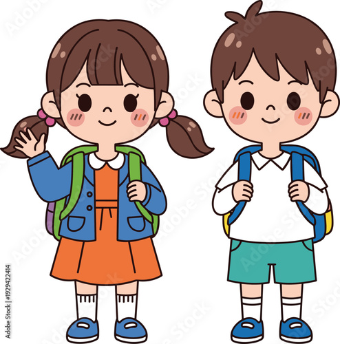 Foto Cute School Kids Characters with Backpacks Smiling Boy and Girl in Cartoon Style